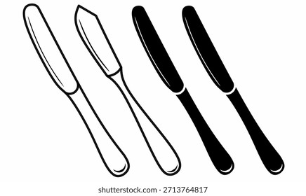 Icono de cuchillo de mantequilla o cuchillo de mesa establecido en el contorno y la silueta, para utensilios de cocina, cubiertos, comedor, servicio de comida y diseño de restaurante.