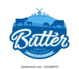 Butter Logo With Cows, Calves And Farm. Butter Calligraphic Logotype