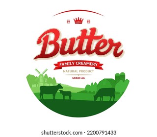 Butter Logo With Cows And Farm. Butter Calligraphic Logotype