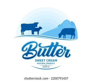 Butter Logo With Cows And Farm. Butter Calligraphic Logotype