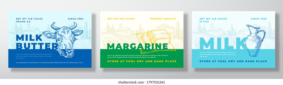 Butter, Margarine and Milk Dairy Food Label Templates Set. Abstract Vector Packaging Design Layouts Bundle. Modern Typography Banners with Hand Drawn Rural Landscape Background. Isolated.