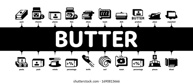 Butter Or Margarine Minimal Infographic Web Banner Vector. Butter On Piece Of Bread And Knife, Sliced And Cut, In Package And Bottle, Fat And Vitamin Illustrations