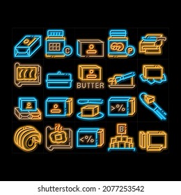 Butter Or Margarine neon light sign vector. Glowing bright icon  Butter On Piece Of Bread And Knife, Sliced And Cut, In Package And Bottle, Fat And Vitamin Illustrations