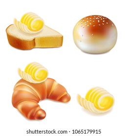 Butter or margarine on slice of toast bread and croissant realistic icons