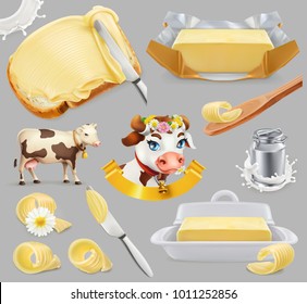 Butter. Milk Farm 3d Realistic Vector Icon Set