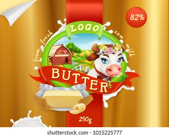 Butter. Milk farm. 3d realistic vector, package design