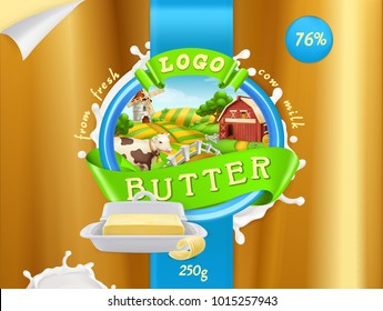 Butter, milk farm. 3d realistic vector, package design