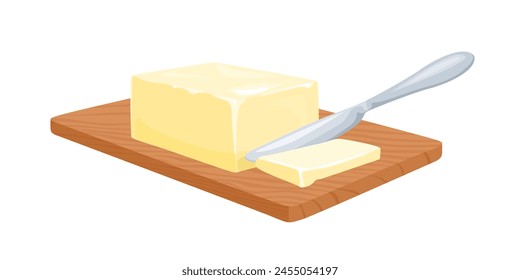 Butter on cutting board with knife isolated on white background. Vector cartoon illustration.