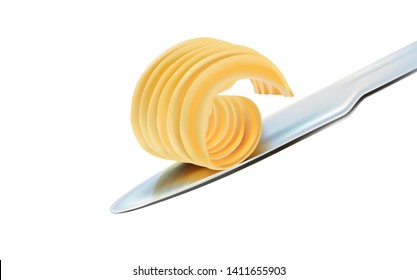 Butter on knife elements design isolated on white background. Realistic vector in 3D illustration.