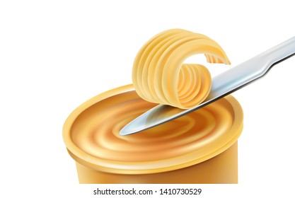 Butter on knife with packaging elements design isolated on white background. Realistic vector in 3D illustration.
