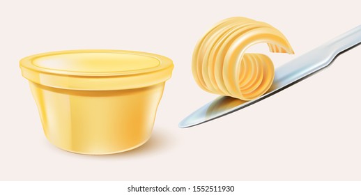Butter on knife with packaging mock up elements design isolated on white background. Realistic vector in 3D illustration.