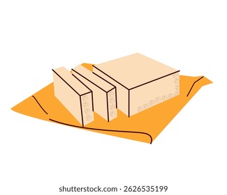 Butter on paper. Yellow dairy product. Vector sticks of butter isolated on background. Slices of margarine or spread, fatty natural dairy product. High-calorie food for cooking and eating
