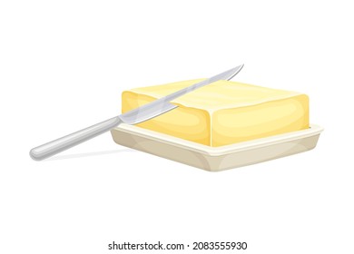 Butter on plate with knife. Natural dairy product, margarine or spread in butter dish vector illustration