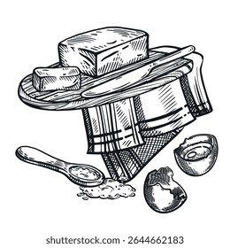 Manteiga em um suporte, uma faca de cozinha, uma colher de medida e um ovo de galinha rachado, uma toalha. Todos os objetos são desenhados à mão com tinta. A ilustração é adequada para a impressão na embalagem, tecido, receita.