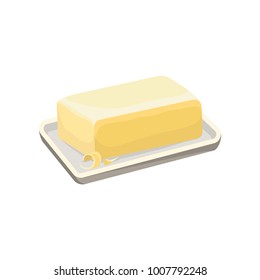 Butter on a white plate, dairy product cartoon vector Illustration