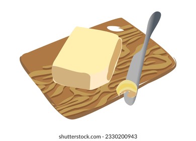 Butter on a Wooden board, Kitchen metal Knife. Flat vector with black outline, cartoon