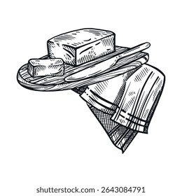 Butter on a wooden board with a table knife and a tea towel with a striped pattern. All objects are hand-drawn in vector. Suitable for printing on food packaging, store shelf design, farm shops.