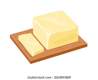 Butter on a wooden stand. A piece of cut butter. Vector illustration
