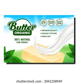 Butter Bio-kreative Werbebanner Vektor. Natürlicher Butterblock, Milchfleck und grüne Blätter auf Werbeplakat. Vorlage für nicht gesalzene Creamy-Produktstile