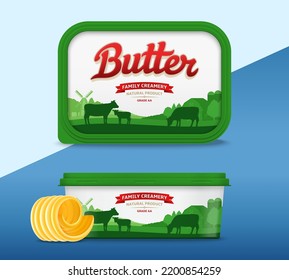 Butter package design with cows, calves and farm. Plastic container mockup for butter, margarine or spread