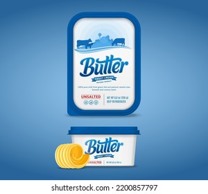 Butter package design with cows, calves and farm. Plastic container mockup for butter, margarine or spread