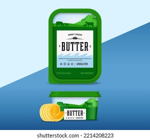 Butter package design with cows, calves and farm. Plastic container mockup for butter, margarine or spread