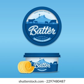 Butter package design with cows, calves and farm. Plastic round container mockup for butter, margarine or spread