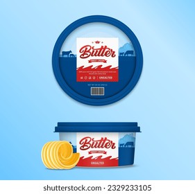 Butter package design with cows, calves and farm. Plastic round container mockup for butter, margarine or spread