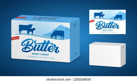 Butter package design with cows and farm. White paper or foil packaging for butter, margarine or spread