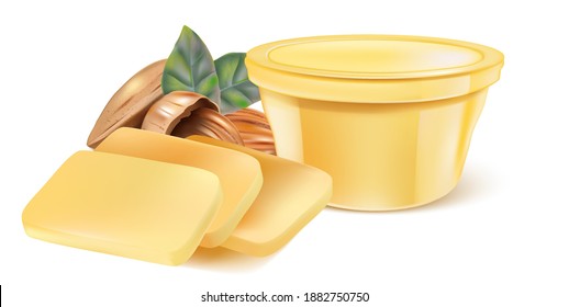 Butter with packaging mock up elements design on solid color background. Realistic vector in 3D illustration.