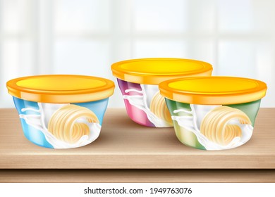 Butter packaging mock up elements design on wooden table background. Realistic vector in 3D illustration.
