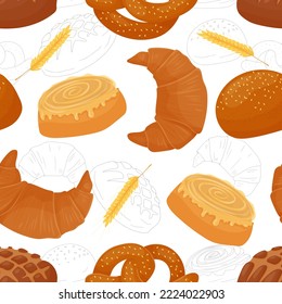 Patrón de pastelería de mantequilla. La repostería. Bun para el desayuno. Pan. Panadería. Ilustración vectorial en un fondo blanco.