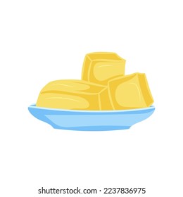 Butter pieces on plate. Vector illustration isolated on white background
