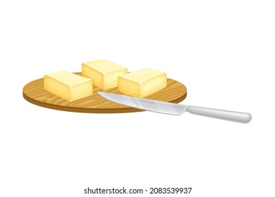 Butter pieces on wooden cutting board with knife. Natural dairy product, margarine or spread vector illustration