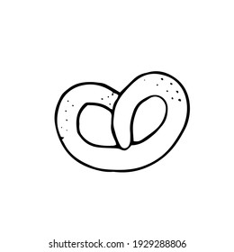 Butter pretzel. Baking for tea. Vector hand-drawn doodle illustration. Black and white outline. Coloring for children. Silhouette. Monochrome