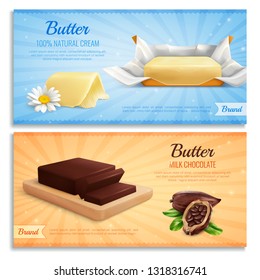Butter realistic banners as mockup for advertising brand produce milk chocolate and natural cream butter vector illustration