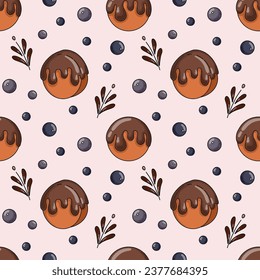 Butter seamless pattern with chocolate pastry and blueberry on pink background. Round croissant and cookies. 