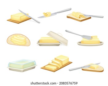 Butter Set. Natürliche landwirtschaftliche Milcherzeugnisse, Vektorgrafik auf weißem Hintergrund