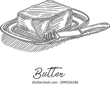 Butter Sketchy butter with the knife Illustration stock vector. Sketchy hand-drawn illustration.