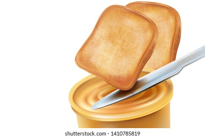 Butter with slice of bread isolated on white background. Realistic vector in 3d illustration. View from top, food concept.