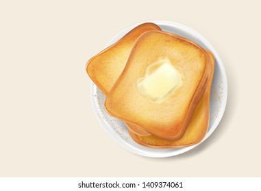 Butter with slice of bread on white plate on solid color background. Realistic vector in 3d illustration. View from top, food concept.