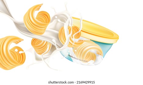 Butter slice with packaging mock up elements design on solid color background. Realistic vector in 3D illustration.