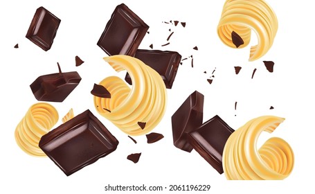 Baraja de mantequilla de piezas con elementos de salpicadura de chocolate en el fondo blanco. Vector realista en ilustración 3D.