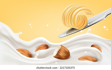 Butter slice of pieces with milk splashing elements design on solid color background. Realistic vector in 3D illustration. Food and drink concepts.