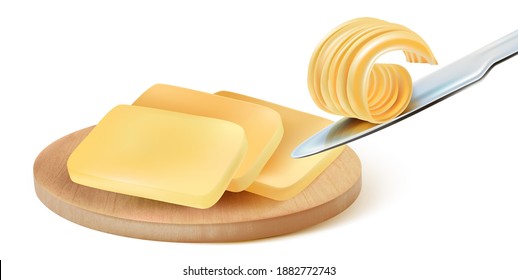 Butter slice of pieces with packaging mock up elements design on solid color background. Realistic vector in 3D illustration.