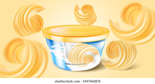 Butter slice of pieces with packaging mock up elements design on solid color background. Realistic vector in 3D illustration.