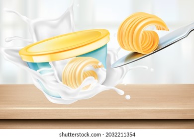 Butter slice of pieces with packaging mock up elements design on solid color background. Realistic vector in 3D illustration.