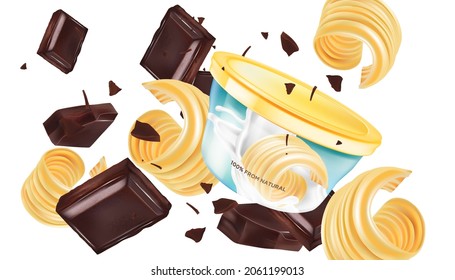 Butter slice of pieces with packaging mock up elements design on white background. Realistic vector in 3D illustration.