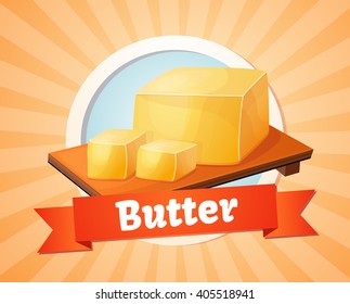 Butter, Slice, rustic oil. Packing, logo. Dairy products, healthy food, farm.