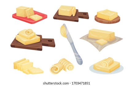 Butter Slices and Rolls Rested on Cutting Board Vector Set